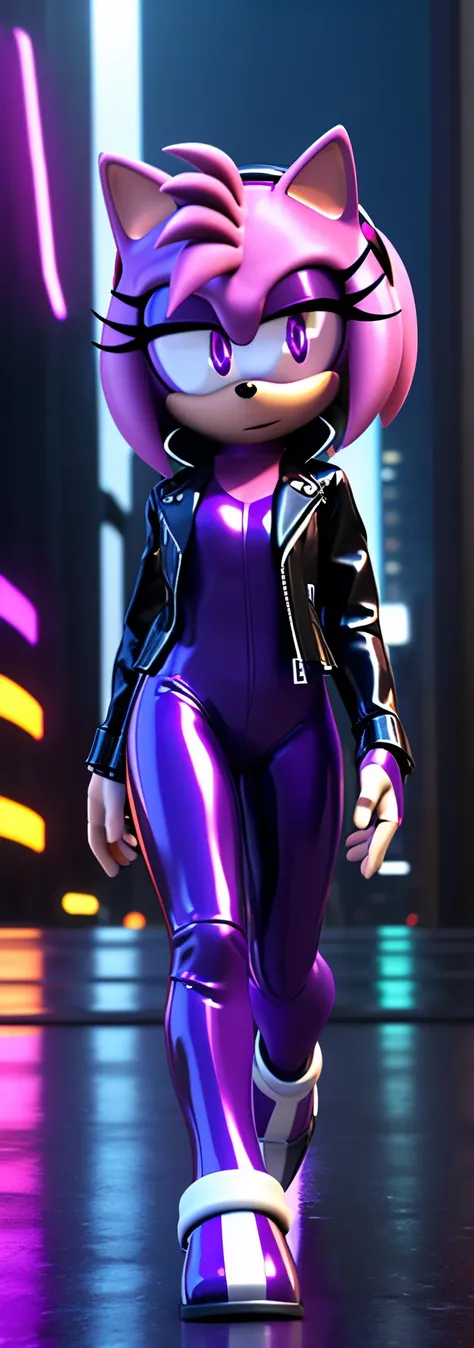 Solo, 1girl, full body image, rendered in SFM, ((sonic oc:1)), from sonic, high detail iconic character, in the new action-movie sonic, cyberpunk city, official render, 3d render official art, toon shader, ((female)), (((purple hedgehog:1))), ((shiny)) (pu...