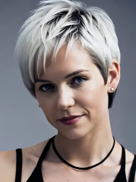 A close-up of woman with a short white hair and a black dress, stephanie welsh, short white hair, with short bobbed white hair, short grey hair, pixie haircut wlop, bonnie maclean, short silver hair, girl with short white hair, magalie villeneuve, white sh...