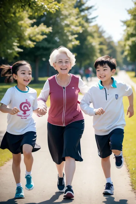 A grandmother with a girl and a boy running happy with hands together 