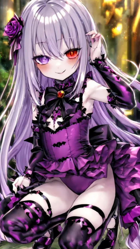 A 2D anime vampire beautiful little loli，Fair skin，Silver hair，Heterochromia（Gold and lavender），Obsessive smile，Look at prey with eyes，Gothic clothing（Full of thorns and roses），Clothing is mainly black and purple。