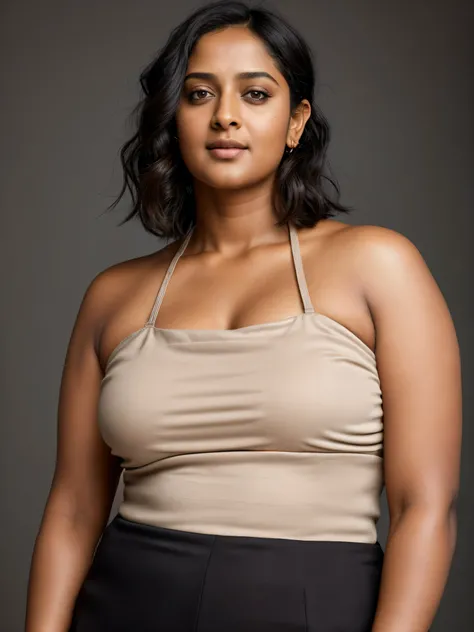 Looks like Anushka Shetty, a photo portrait of a beautiful girl 40 years old, with curls, styled black hair, (face portrait:1.5), dramatic light, Rembrandt lighting scheme, bust shot, linen tank top , top quality editorial photograph, skin texture, skin po...