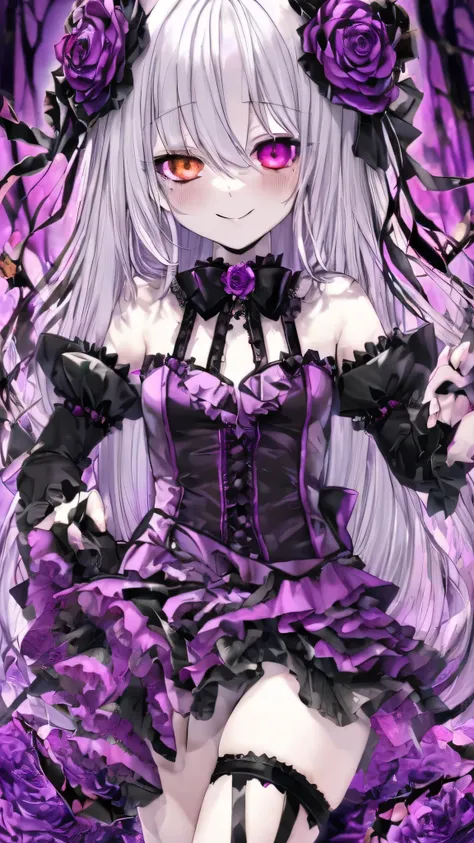 A 2D anime vampire beautiful little loli，Fair skin，Silver hair，Heterochromia（Gold and lavender），Obsessive smile，Look at prey with eyes，Gothic clothing（Full of thorns and roses），Clothing is mainly black and purple。