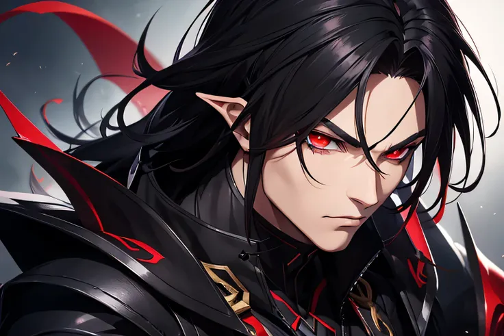 anime  men, dark elf, red eyes, black hair, black fantasy outfit, dark background, full body, perfect face, bad boy, full quality graphics, realistic eyes