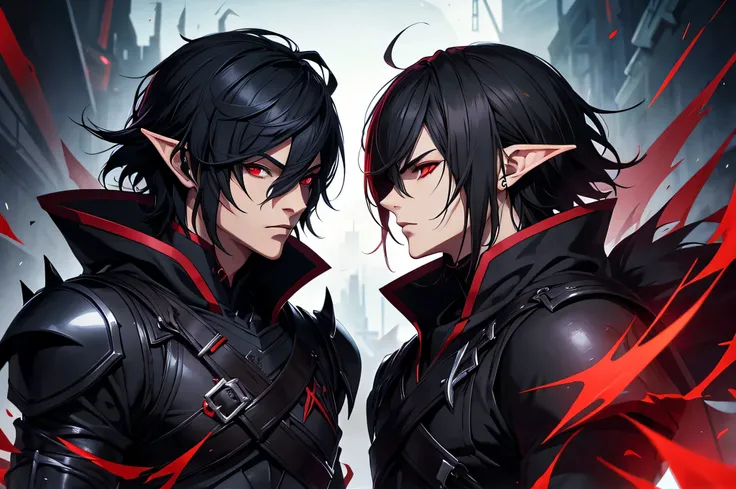 anime men, dark elf, red eyes, black short hair, black fantasy outfit, dark background, full body, perfect face, bad boy, full quality graphics, realistic eyes