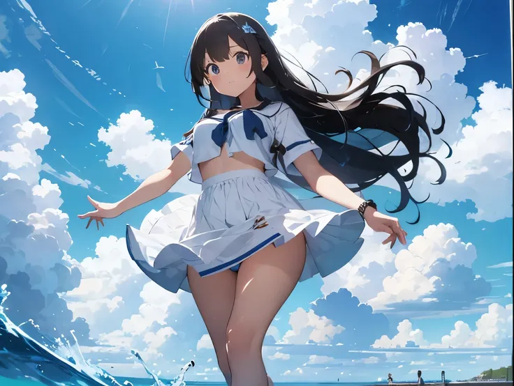 Breasts sticking to a white dress shirt、She lifts her light blue and white checkered skirt with both hands to show off her cute white underwear with ribbons、barefoot、Sandy beach, sea, cumulonimbus clouds and blue sky