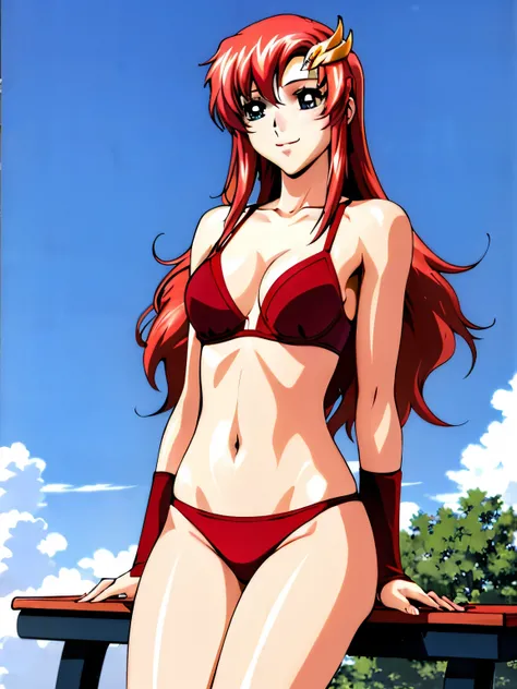 lacus4, (red bikini, running, string thong, thin girl, masterpiece, cowboy shot, very slim shoulders, 4K, Best Quality, Anime style: 1.9, happy, Adult Woman, (ultra detailed head), (Crowd, cloud background), Drawing lines, high resolution, lacus4), 1girl, ...