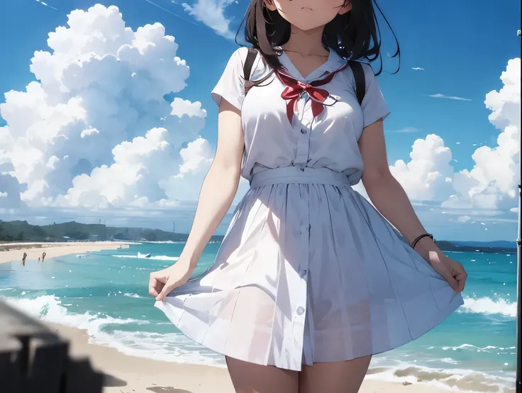 Breasts sticking to a white dress shirt、She lifts her light blue and white checkered skirt with both hands to show off her cute white underwear with ribbons、barefoot、Sandy beach, sea, cumulonimbus clouds and blue sky