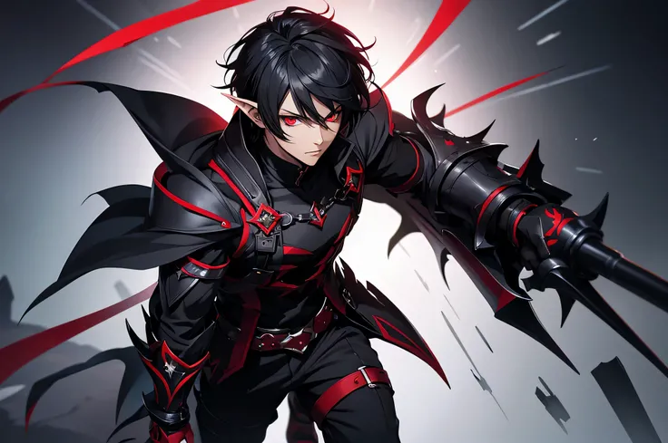 anime boy, dark elf, red eyes, black short hair, black fantasy outfit, dark background, full body, perfect face, bad boy, full quality graphics, realistic eyes