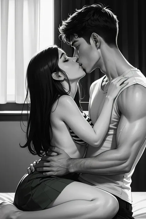 Amazing portrait of a sexy and  woman  wearing a black and white striped t shirt and a dark green skirt kissing and making out passionately with a shirtless boy on the bed in an intimate setting