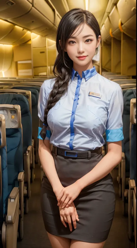 cabin attendant on an airplane、trending hairstyles、(smile)、(mature woman)、(28 years old)、((big breasts))、((super tight fitting c...