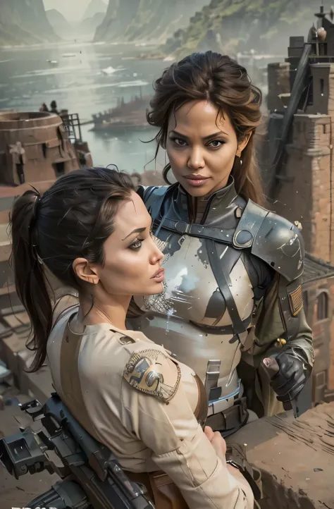 ((angelina jolie and halle berry  holding a riffle)), cybernetic uniform, detailed eyes,with equipment,( equipment: can grant a ...