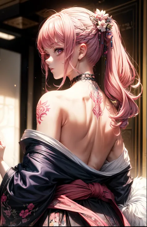 (masterpiece, top quality, best quality, official art, beautiful and aesthetic:1.2),1girl, tattoo, solo, japanese clothes,  hair ornament, unsheathing, pink hair, sheath, back tattoo, violet eyes,  off shoulder, bare shoulders, looking back, from behind, f...