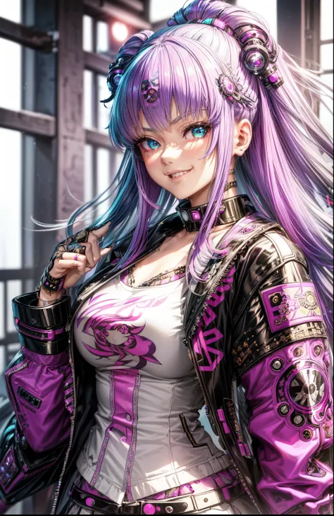 Anime masterpiece, best quality, (((smiling teenaged cyberpunk girl ((wearing detailed Harajuku tech jacket)), (((Harajuku cyberpunk clothing)))), (bold colors and patterns), eye-catching accessories, trendy and innovative hairstyle))), (cowboy shot), ((in...