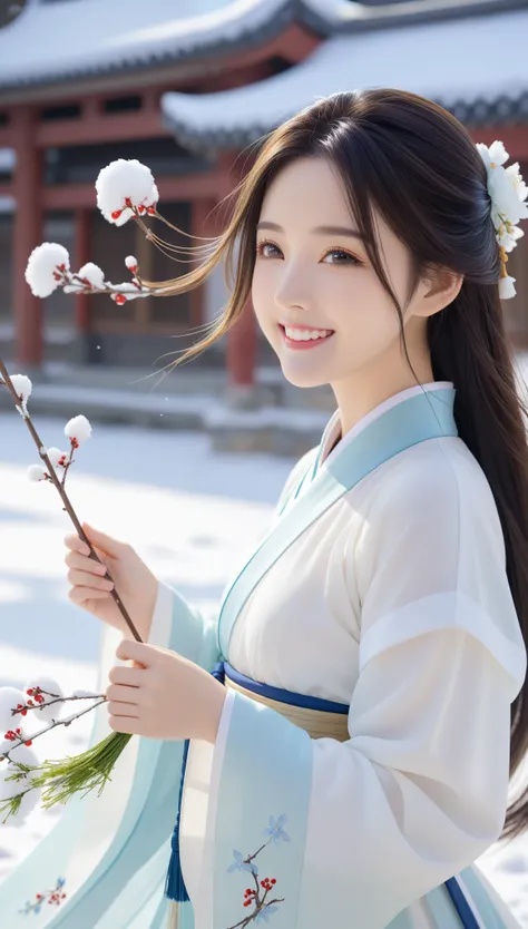 best quality, 4k picture quality, 1 Girl, White Hanfu, snow, Long hair fluttering in the wind, A healing smile, Large aperture, Blurred background