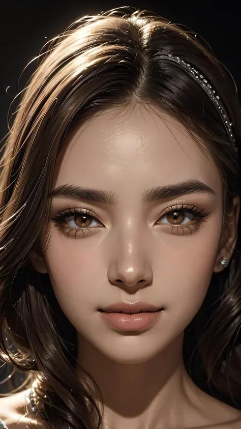 A close-up of a face adorned with flawless makeup, a single eyebrow arched in an expression of haughty amusement, soft light, high contrast, hyperrealism, muted colors, (detailed skin texture, sharp focus, elegant ambiance).