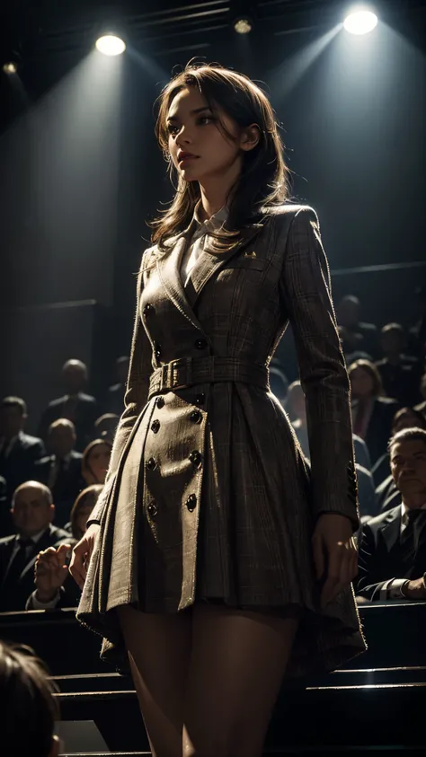 A well-dressed woman standing on a stage, bathed in spotlight, addressing a captivated audience, dramatic lighting, high contrast, hyperrealism, muted colors, (detailed textures, sharp focus, commanding presence).