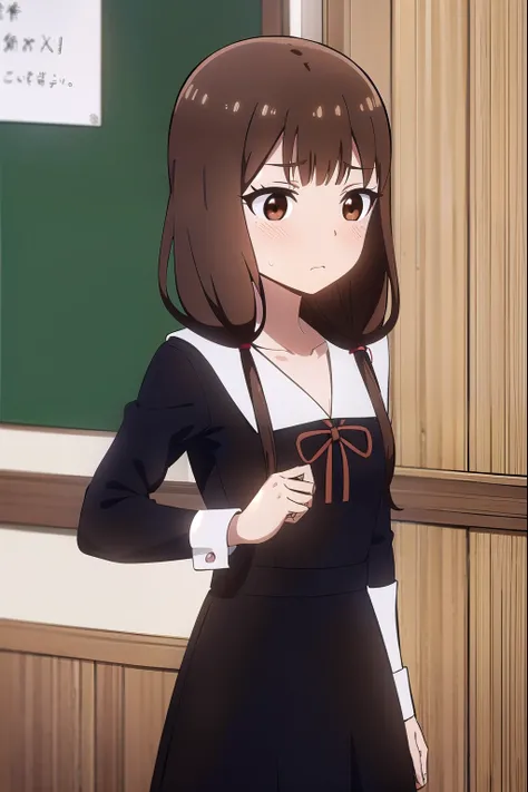 ((masterpiece:1.3, highly detailed:1.3, highres:1.1, best quality, HD, full image)),((school view, hallway, classes, trees)),((mikoiino, miko iino, blunt bangs, (brown eyes:1.5), brown hair, hair tie, long hair, low twintails, red ribbon, ribbon, twintails...