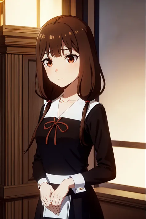 ((masterpiece:1.3, highly detailed:1.3, highres:1.1, best quality, HD, full image)),((school view, hallway, classes, trees)),((mikoiino, miko iino, blunt bangs, (brown eyes:1.5), brown hair, hair tie, long hair, low twintails, red ribbon, ribbon, twintails...