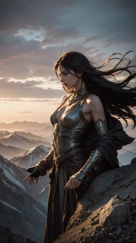 A figure standing atop a mountain peak, arms outstretched, as if claiming dominion over the world below, soft light, high contrast, hyperrealism, muted colors, (detailed textures, sharp focus, majestic ambiance).