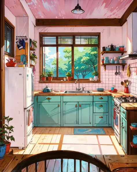 a painting of a kitchen with a cherry tree in the window, cute kitchen, anime asthetic, kitchen background, house kitchen on a sunny day, aesthetic award winning anime, kitchen, ghibli studio style, anime. by makoto shinkai, maison ikkoku, by Edward Okuń, ...