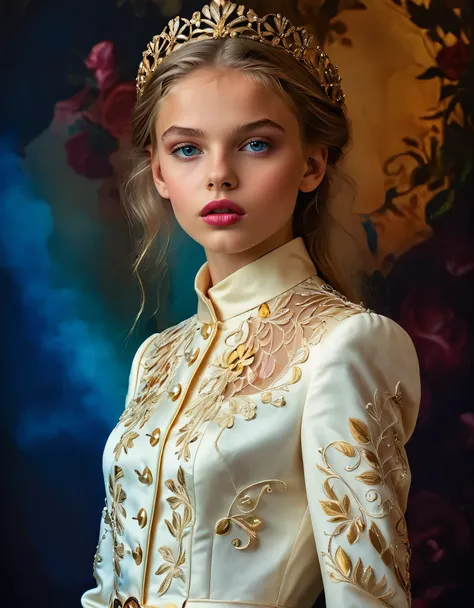 a stunningly lifelike portrait captures a 16-year-old fashion model girl with beautiful european features. she is adorned in a h...