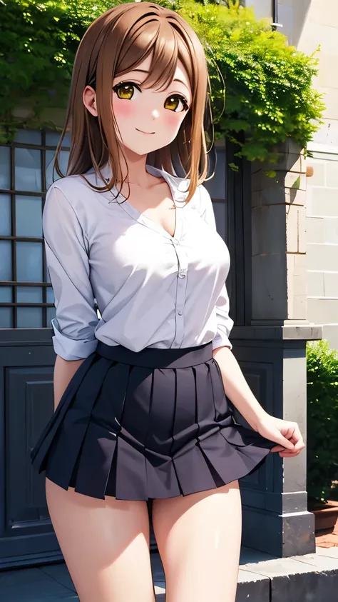 masterpiece, best quality, cowboy shot, kunikida hanamaru, medium breasts, looking at viewer, v-neck shirt, short skirt, outside