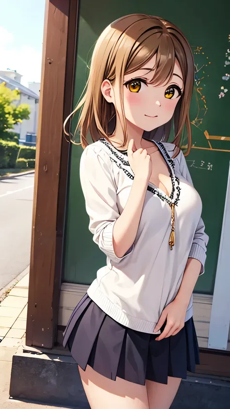 masterpiece, best quality, cowboy shot, kunikida hanamaru, medium breasts, looking at viewer, v-neck shirt, short skirt, outside