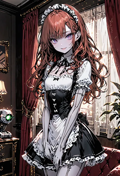 ((solo)), female, medium shot, sfw, flat chest, white skin, long hair, auburn hair, curly hair, bangs framing face, personal assistant, beaming smile, ((robot seams on skin)), bar code on skin, indoors, cozy, frilly french maid uniform, frilly skirt, short...