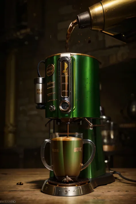 Concept art of a brutal steampunk coffee machine, Shreks coffee machine, A combination of green and gold, a lot of details, Complex Mechanism, The mechanism brews coffee, Coffee pouring into a cup, higly detailed, hight resolution, Hi-Def, High depth of fi...