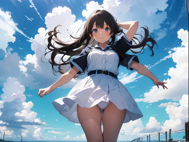 Breasts sticking to a white dress shirt、She lifts her light blue and white checkered skirt with both hands to show off her cute white underwear with ribbons、barefoot、Sandy beach, sea, cumulonimbus clouds and blue sky