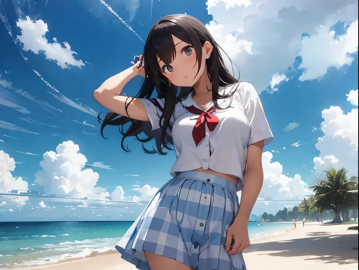 Breasts sticking to a white dress shirt、She lifts her light blue and white checkered skirt with both hands to show off her cute white underwear with ribbons、barefoot、Sandy beach, sea, cumulonimbus clouds and blue sky