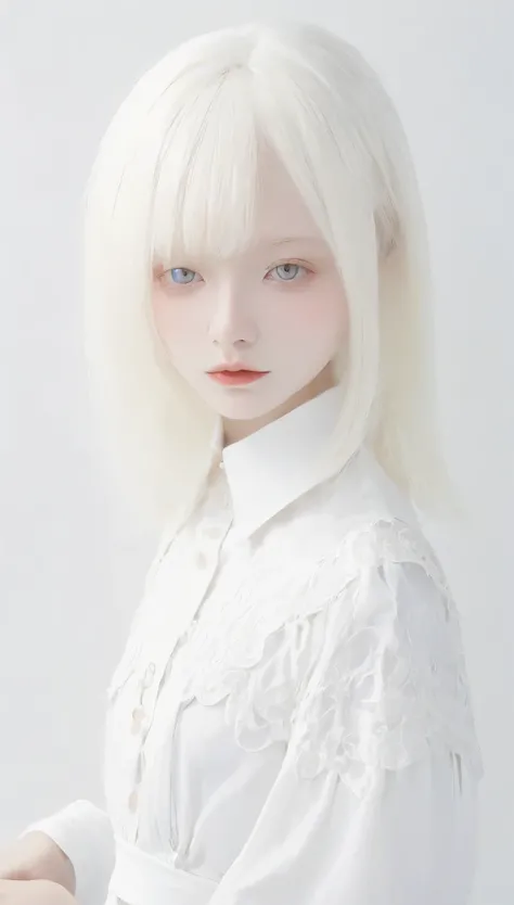 (((White Background:1.3)))、(((1 albino girl、Cute Face、pretty girl))), 16 years old,(((The eyes are white:1.3)))、White Dress、((White shirt:1.3、White Block Dress)), Tyndall effect, Realistic, Shadow Studio,ultramarine、illumination, Dual tone illumination, (S...