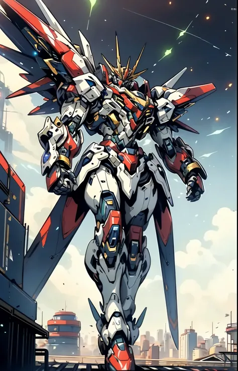 Humanoid Mecha, fully enclosed shoulder guards, matching arm and leg guards, full body, full armor, the design balances heavy with agility, (the color scheme is primarily white with red and blue accents, the concept Inspired by Super robot, organic biotech...