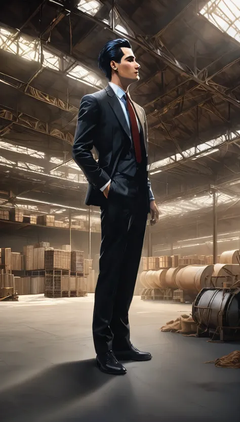 Dressed in a black suit、Short black hair slicked back、A lonely man wearing a stylish tie。With a charming smile that brightens his clean-shaven face、Standing in the middle of a huge warehouse。This scene is rendered in ultra-high definition.、A cold corner of...