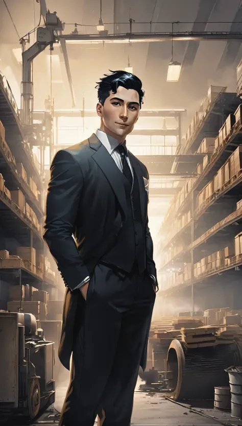 Dressed in a black suit、Short black hair slicked back、A lonely man wearing a stylish tie。With a charming smile that brightens his clean-shaven face、Standing in the middle of a huge warehouse。This scene is rendered in ultra-high definition.、A cold corner of...