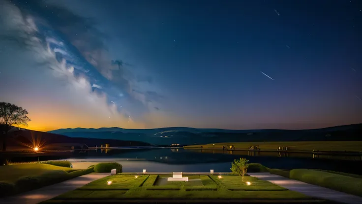 imagine a starry sky set against a tranquil landscape. create an image that conveys serenity