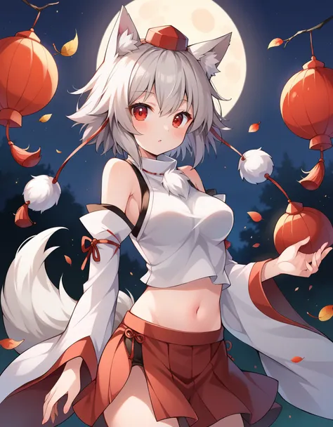 score_9, uncensored, source_anime
BREAK
inubashiri momiji, 1girl, solo, breasts, short hair, shirt, skirt, red eyes, hat, navel, animal ears, bare shoulders, white shirt, white hair, grey hair, detached sleeves, wide sleeves, night, red skirt, leaf, wolf e...