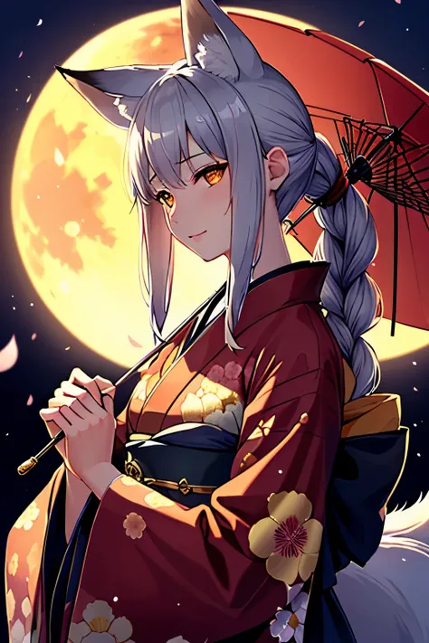 1girl, kitsune,smooth realism face,kimono,fox ears,eyes,silver long hair,extreme detailed,masterpiece,best quality,wallpaper,CG,intricate,4k,cherry blossom forest,full moon,night,weeping