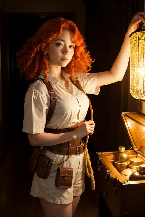 Red-haired girl with curly hair and ancient explorer outfit, backwards trying to reach a treasure chest illuminated by yellow light
