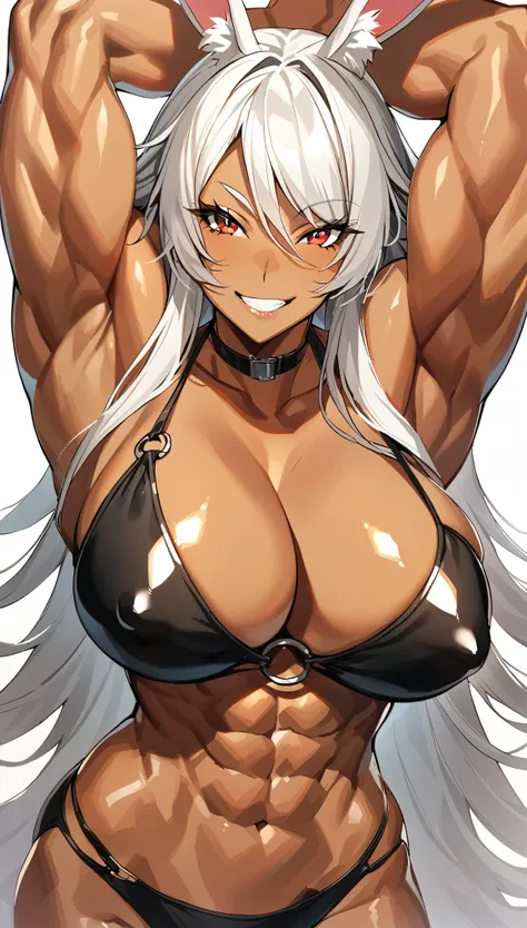 1girl, (((mirko))), dark-skinned_female, dark_skin, breasts, solo, swimsuit, muscular_female, long_hair, smile, animal_ears, muscular, bikini, red_eyes, rabbit_ears, long_eyelashes, abs, large_breasts, white_hair, navel, looking_at_viewer, rabbit_girl, bla...