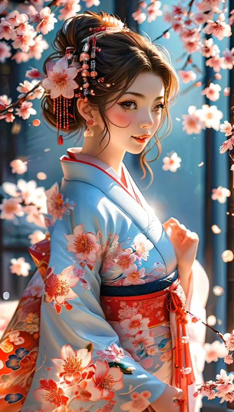 A masterpiece of a high school girl wearing a provocative kimono: A 16K UHD masterpiece unfolds in a Japanese-style room decorated with cherry blossoms and lanterns。An attractive young woman with brown hair flowing down her back、She wears a flowing kimono ...