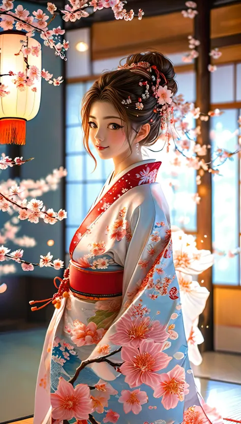 A masterpiece of a high school girl wearing a provocative kimono: A 16K UHD masterpiece unfolds in a Japanese-style room decorated with cherry blossoms and lanterns。An attractive young woman with brown hair flowing down her back、She wears a flowing kimono ...