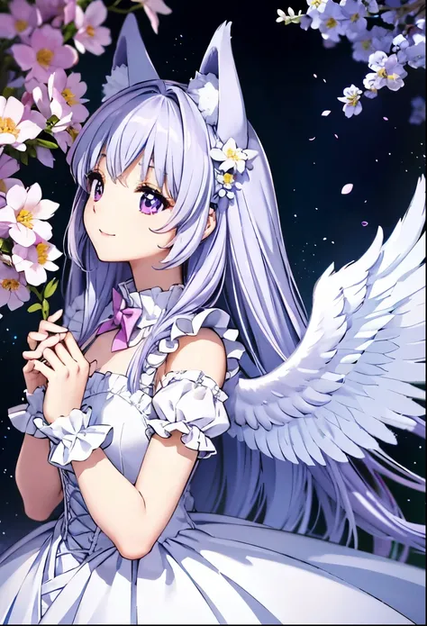 Kawaii Girl(angel wings, wolf ears)adorable smiling、Light purple long hair、Colorful angel costume in lolita style with ruffles、A blizzard of fluttering flowers(Some photos)、((top-quality))、((​masterpiece))、(ighly detailed、highestdetailed、Official art、Beaut...