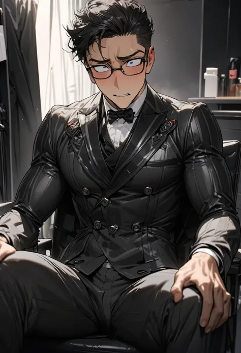 (solo black very short hair groom nice guy, Athlete body, tension eyes, glasses), (in a detailed groom suit) (in the Makeup room), sit down on chair, perfect anatomy, masterpiece, best quality, 16k, beautiful detailed grow, daydreaming expression.