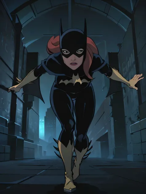 ((full body view)), Batgitlfit, cabelos muito longos, cabelos ruivos, cabelo entre os olhos, rabo de cavalo alto, Fechaduras laterais, olhos azuis, batgirl, roupas brilhantes, body impossible, pele apertada, saia, Olhando para o Viewer apavorada, (pernas m...