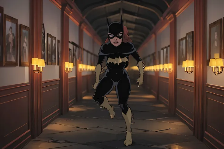 ((full body view)), Batgitlfit, cabelos muito longos, cabelos ruivos, cabelo entre os olhos, rabo de cavalo alto, Fechaduras laterais, olhos azuis, batgirl, roupas brilhantes, body impossible, pele apertada, saia, Olhando para o Viewer apavorada, (pernas m...