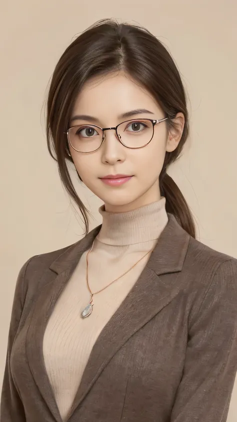 Portrait of a woman, Mid 30s, Japan nationality, Illuminated face, Upper body composition, Realistic high definition images. Features: shoulder-length brown hair, Intellectual appearance with glasses, A soft smile,Simple contours, Well-defined eyebrows, De...