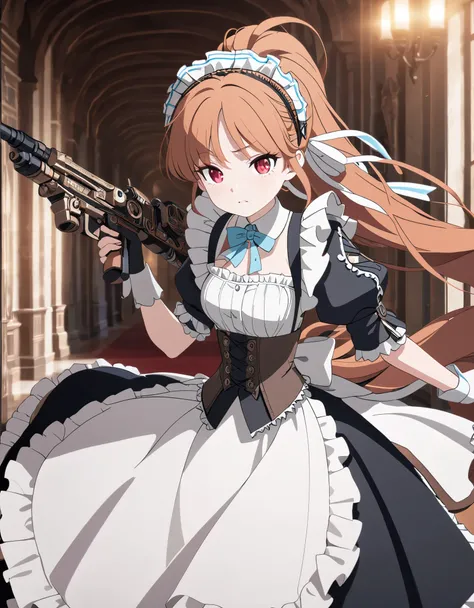 (best quality,4k,8k,highres,masterpiece:1.2),ultra-detailed, (1girl) A cute teenage gunslinger maid with red eyes, drawn in anime style, spiky ginger hair in a long ponytail, protective and caring, victorian fashion, wearing a cute black maid dress with sh...