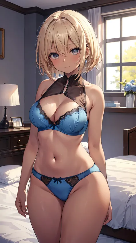 (8k、Best image quality、highest quality、masterpiece)、Detailed face、 One girl、((Brown skin:1.3))、Blonde、short hair、Grey Eyes、evil smile、Large Breasts、((blue bra))、((blue panties))、Cowboy Shot、((Thick waist))、Bedroom Background