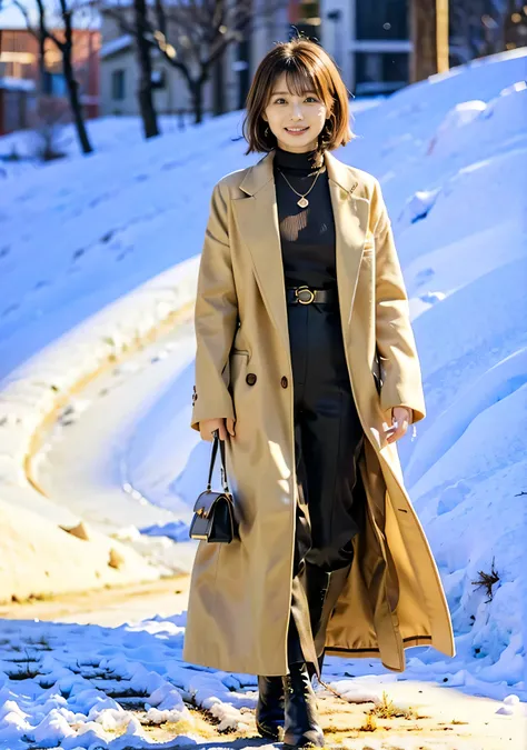 night、Hair swaying in the wind、Outdoor、A luxurious grey mink coat with fur、Wearing black leather boots、A luxurious bag、The inner layer is a luxurious black turtleneck.、Silver necklace and small silver earringillionaire Style:1.4））、Full body photo、smile、 Ca...